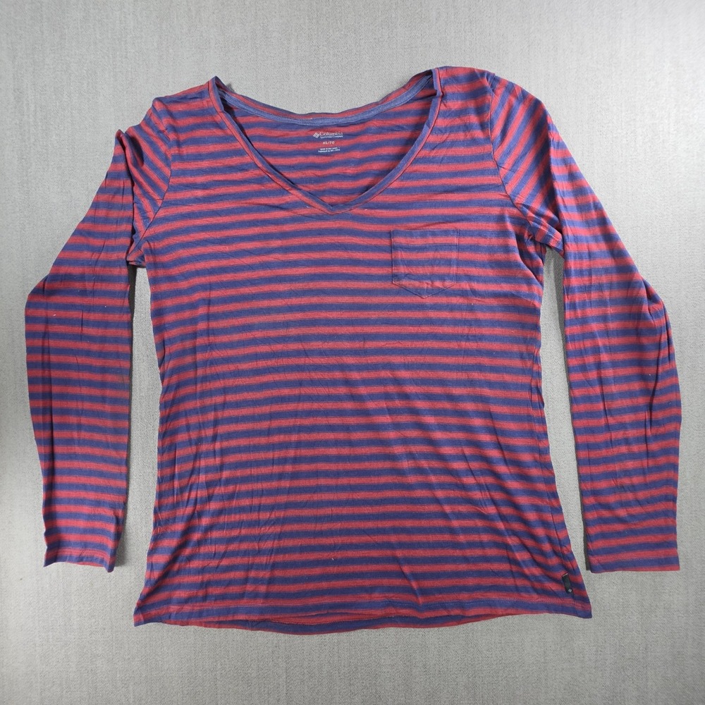 Columbia T-Shirt Women XL Red Blue‎ Striped V-Neck Long Sleeve Pocket Top